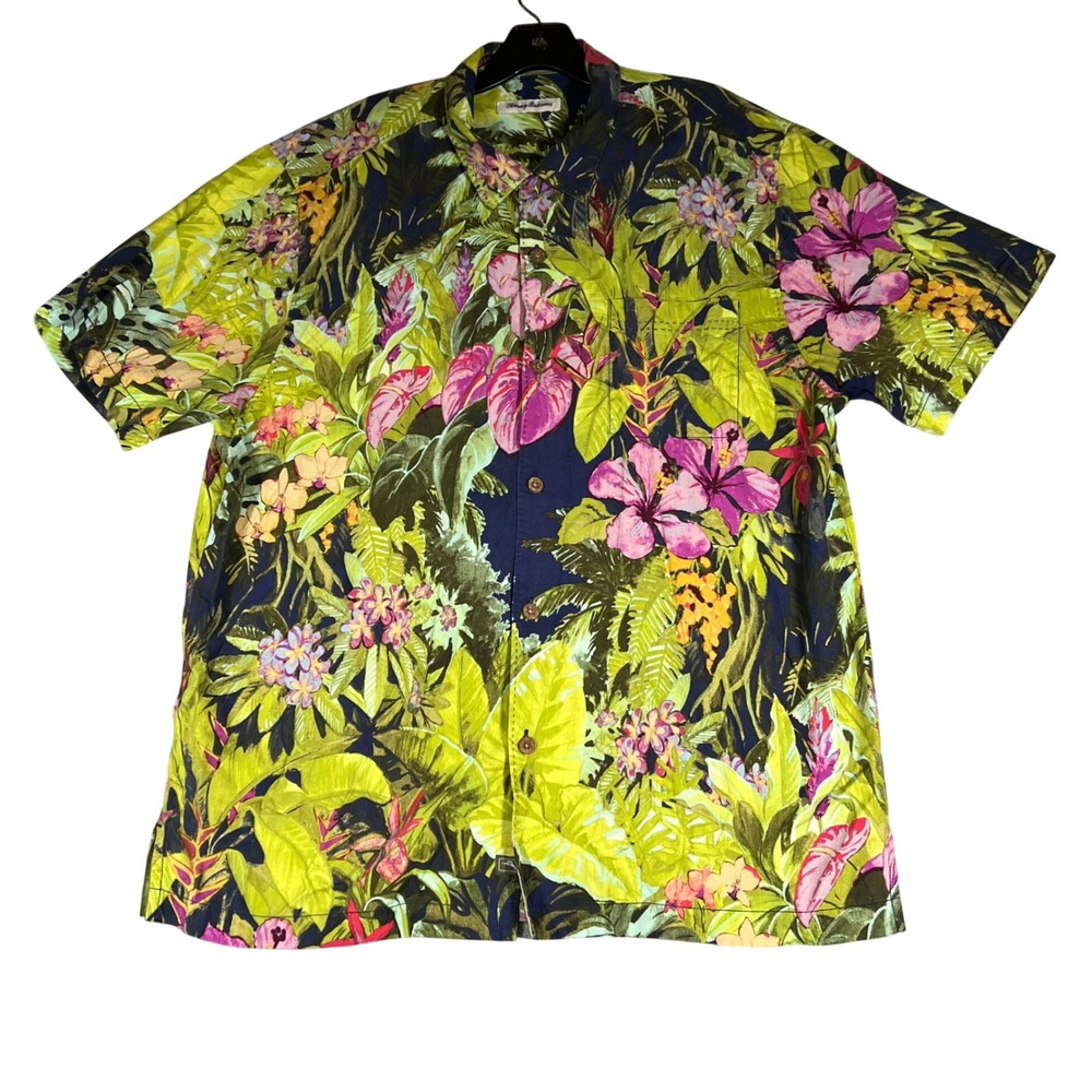 Tommy Bahama Mens Floral Tropical Short Sleeve Button Down Shirt Green Navy 9267
